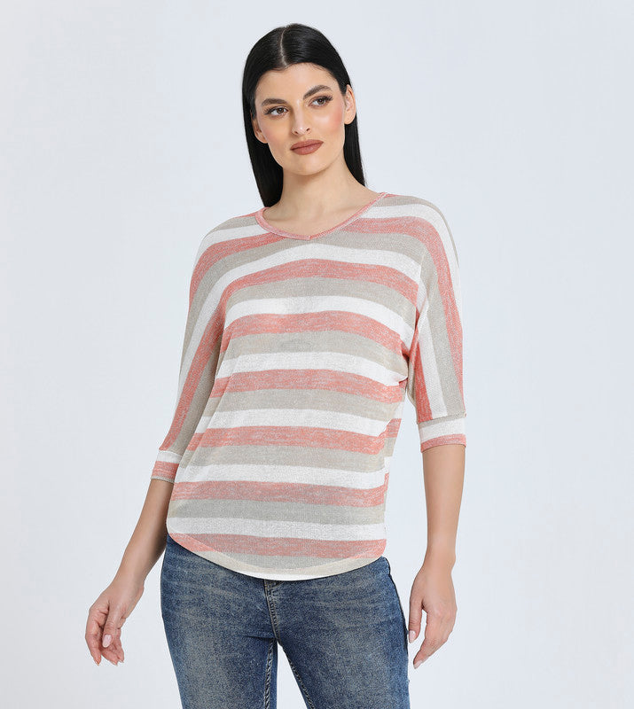 Hailys Women's Casual Striped V-Neck Pullover Top - Lightweight and Comfortable