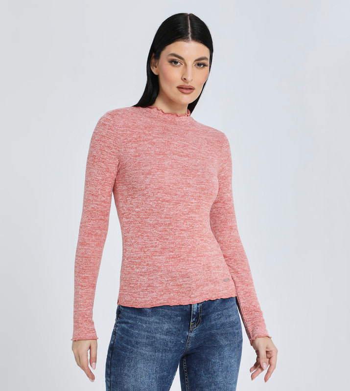 Hailys Women's Red Marled Long Sleeve Mock Neck Knit Top