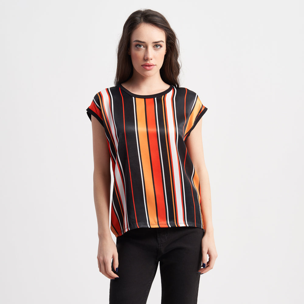 Zabaione Women's Short Sleeve Striped Blouse with Round Neck