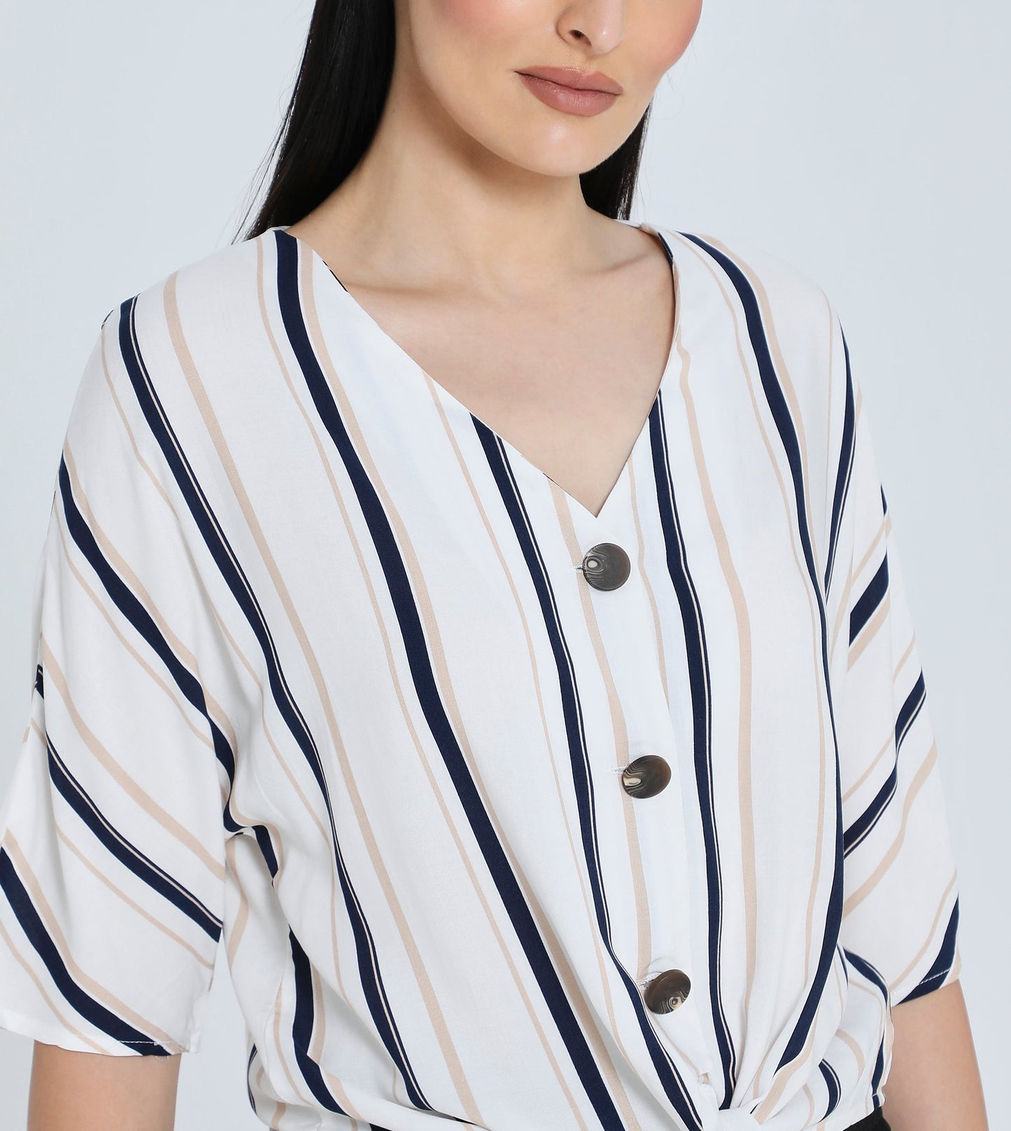 Hailys Women's Striped Button-Down V-Neck Blouse with Front Tie Knot - Casual Half Sleeve Top