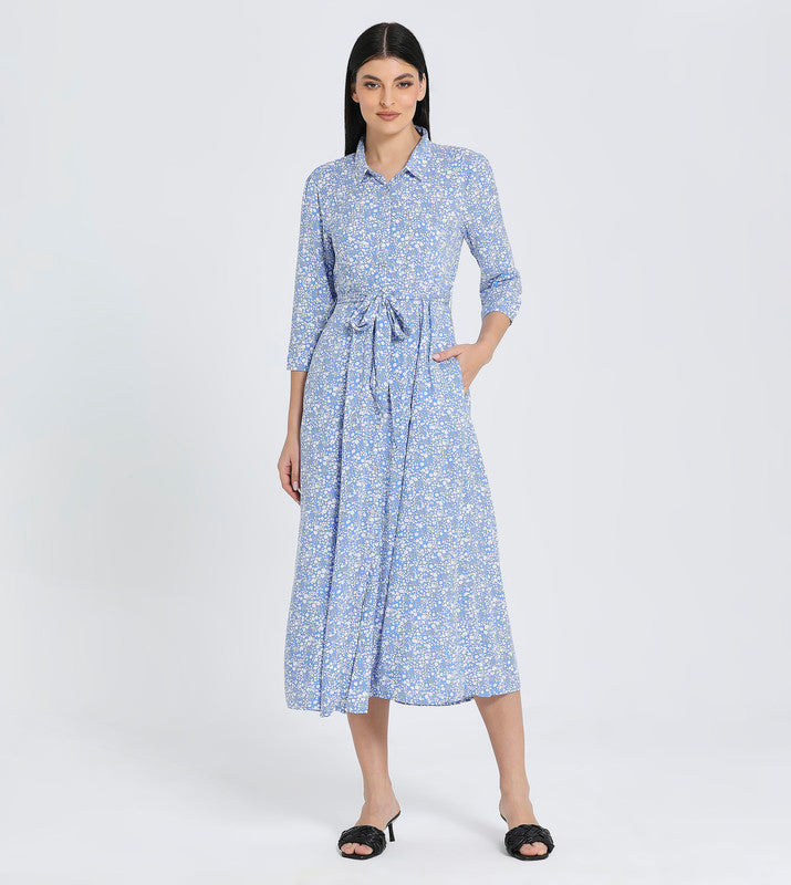 Hailys Women's Blue Floral Print Maxi Shirt Dress with 3/4 Sleeves and Waist Tie