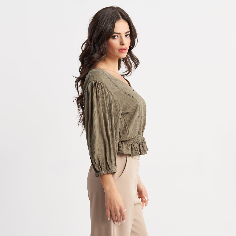 Hailys Women's 3/4 Sleeve Peplum Blouse - Button-Down V-Neck Top with Ruffle Hem