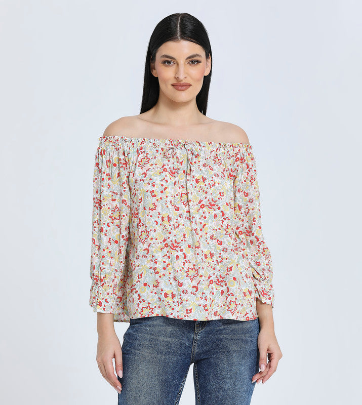 Hailys Women's Floral Off-Shoulder Blouse - Casual Loose Fit 3/4 Sleeve Top