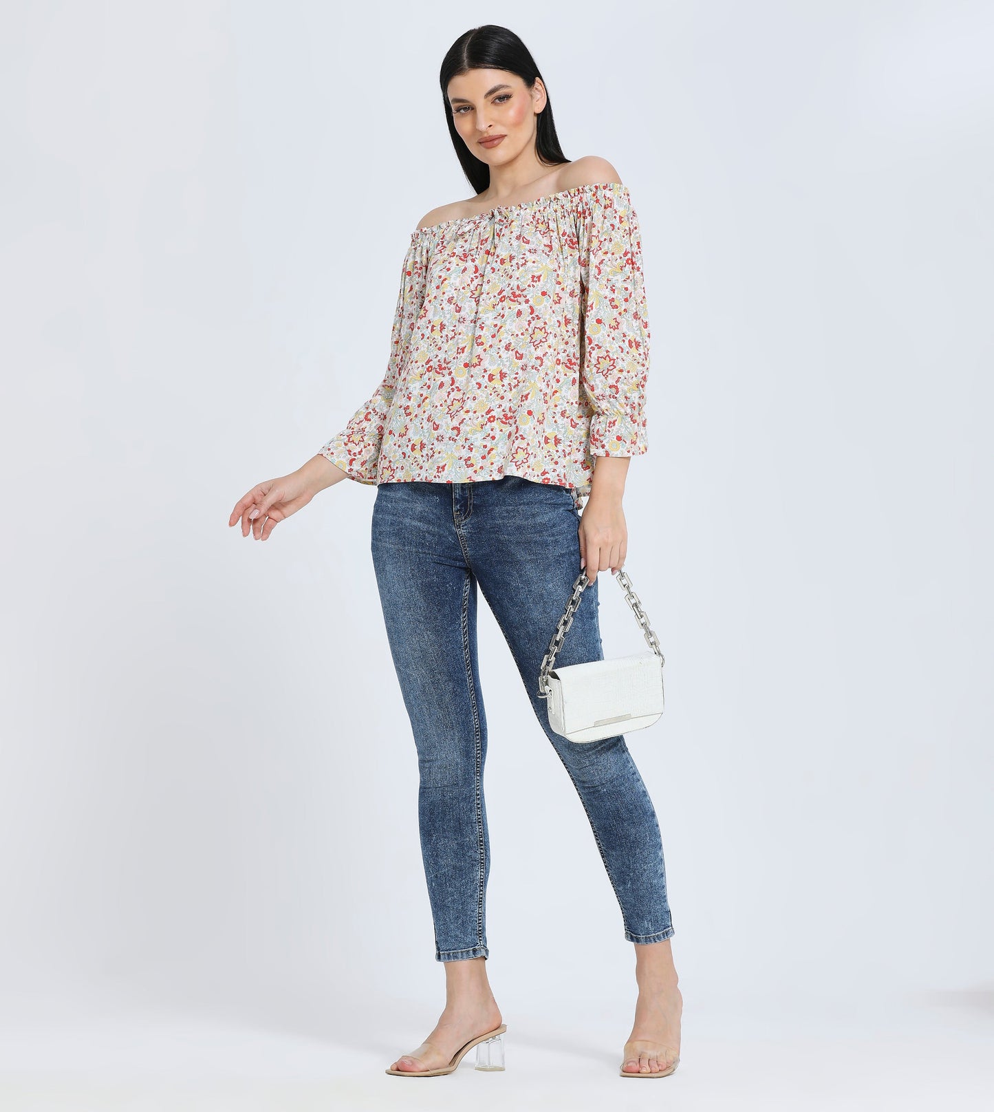 Hailys Women's Floral Off-Shoulder Blouse - Casual Loose Fit 3/4 Sleeve Top