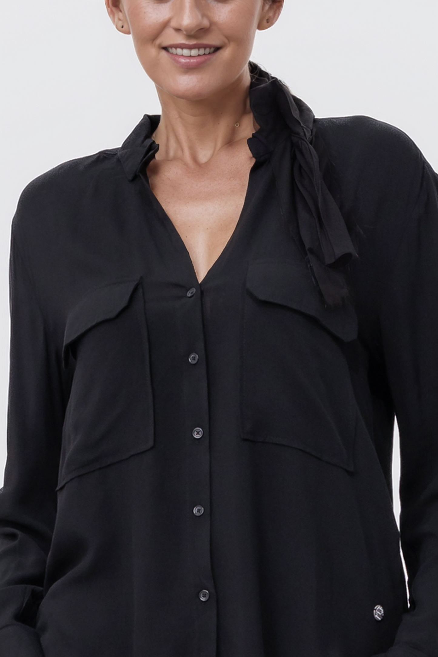 Zabaione Women’s Button-Down Long Sleeve Blouse with Bow Detail - Black