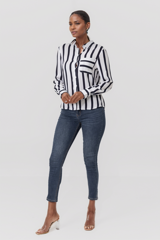 Zabaione Women’s Striped Button-Down Long Sleeve Shirt - Black and White