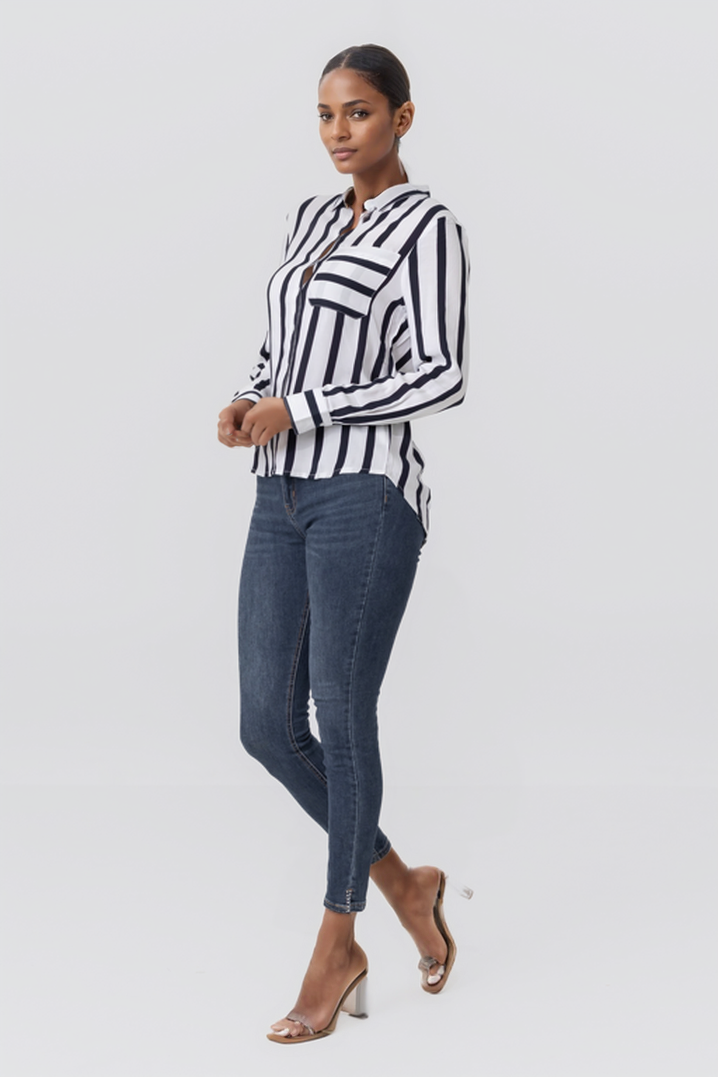 Zabaione Women’s Striped Button-Down Long Sleeve Shirt - Black and White