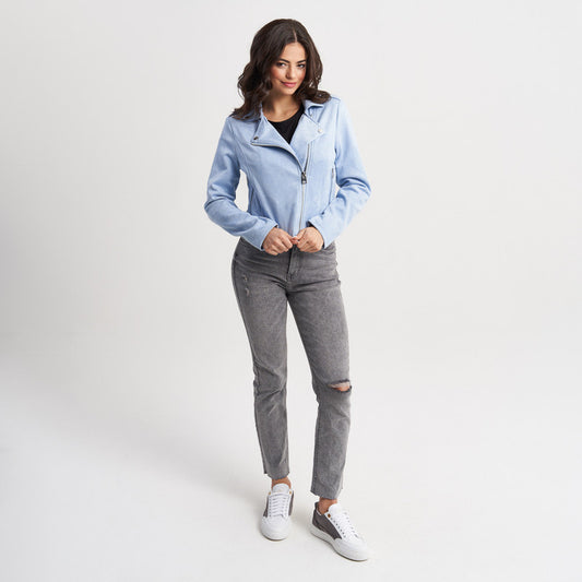 Hailys Women's Light Blue Faux Suede Moto Jacket