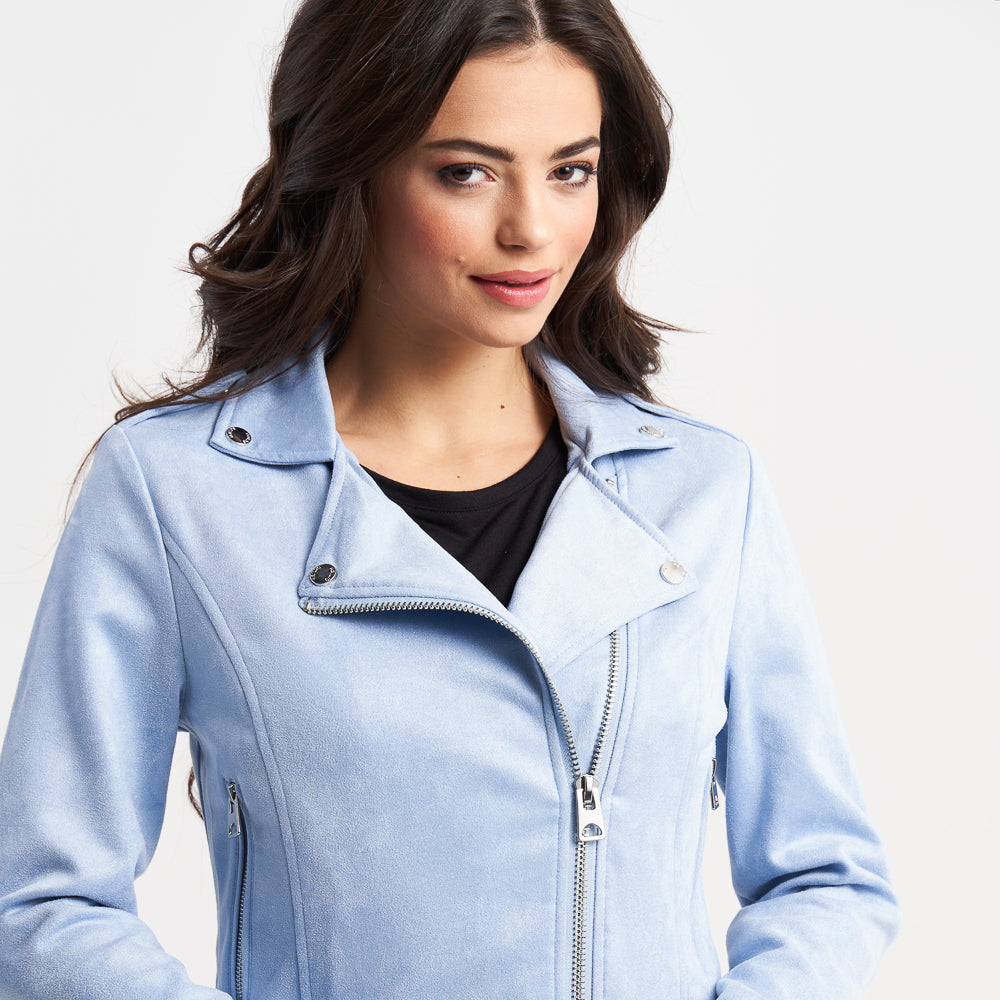 Hailys Women's Light Blue Faux Suede Moto Jacket