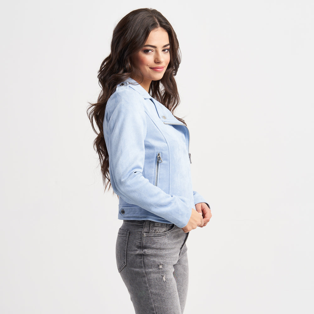 Hailys Women's Light Blue Faux Suede Moto Jacket