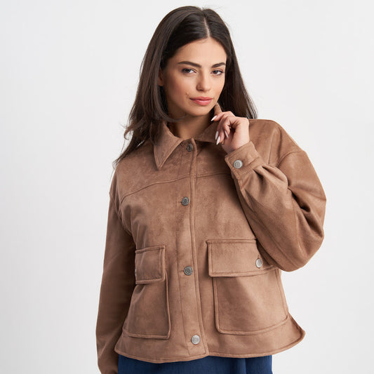 Hailys Women's Brown Faux Suede Button-Up Jacket with Pockets