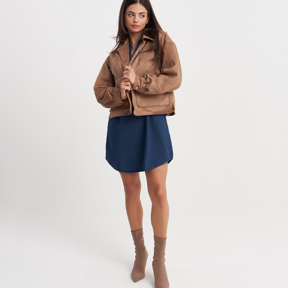 Hailys Women's Brown Faux Suede Button-Up Jacket with Pockets