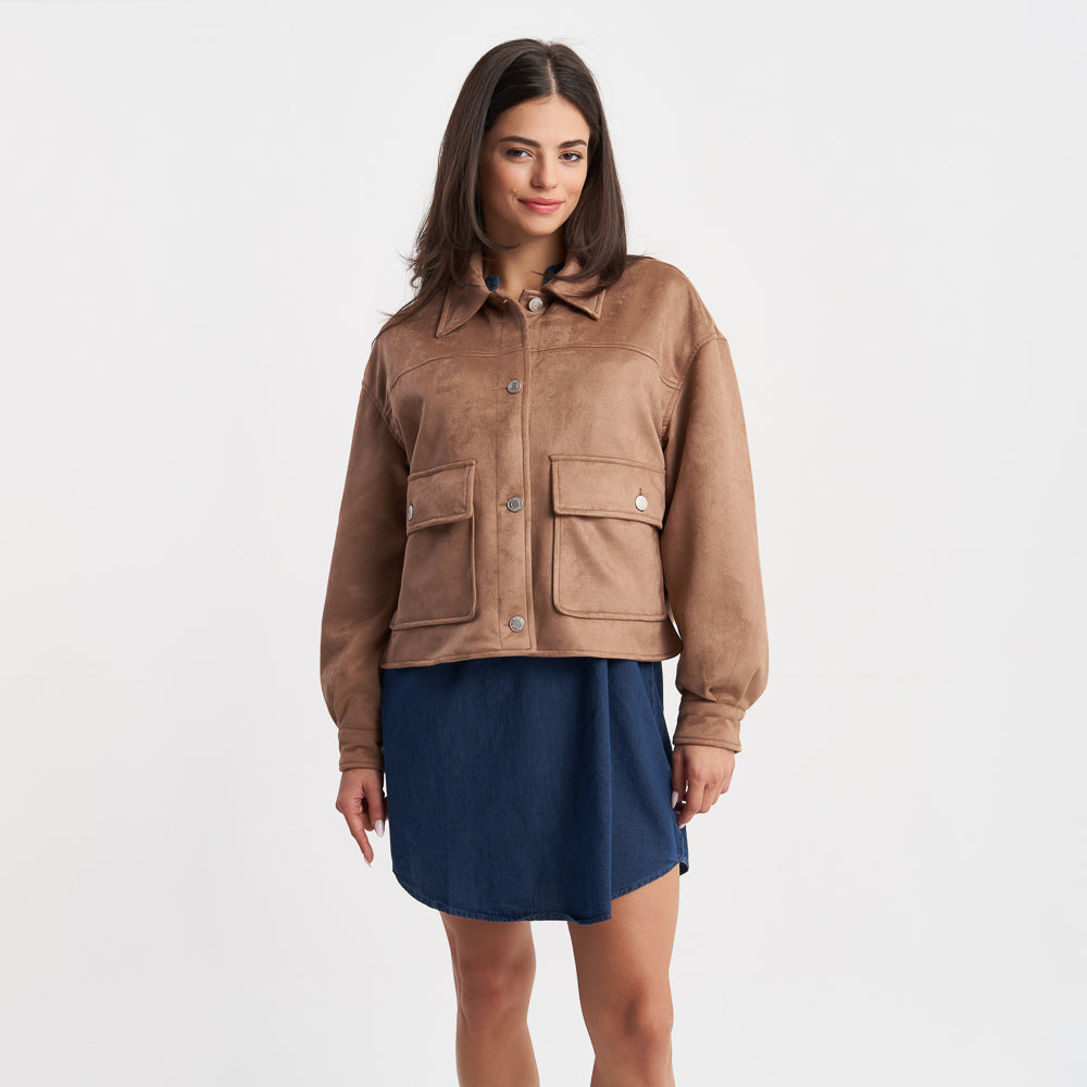 Hailys Women's Brown Faux Suede Button-Up Jacket with Pockets