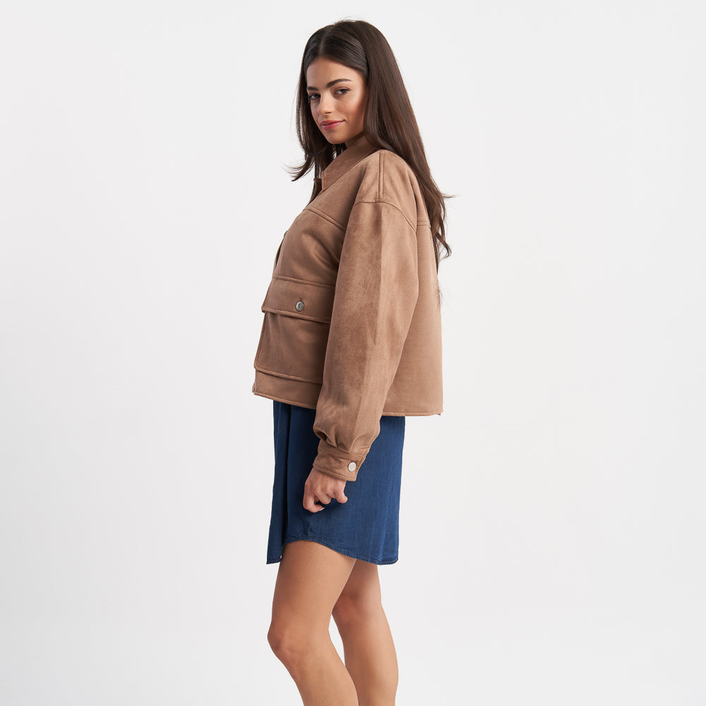 Hailys Women's Brown Faux Suede Button-Up Jacket with Pockets