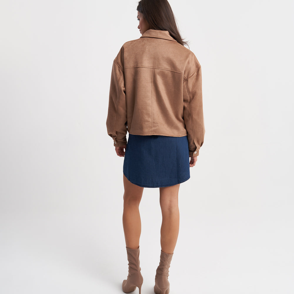 Hailys Women's Brown Faux Suede Button-Up Jacket with Pockets