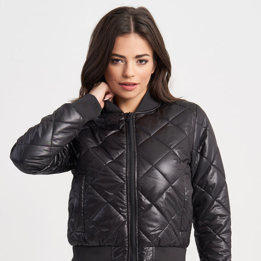 Hailys Women's Quilted Faux Leather Bomber Jacket with Ribbed Trim and Zip-Up Front