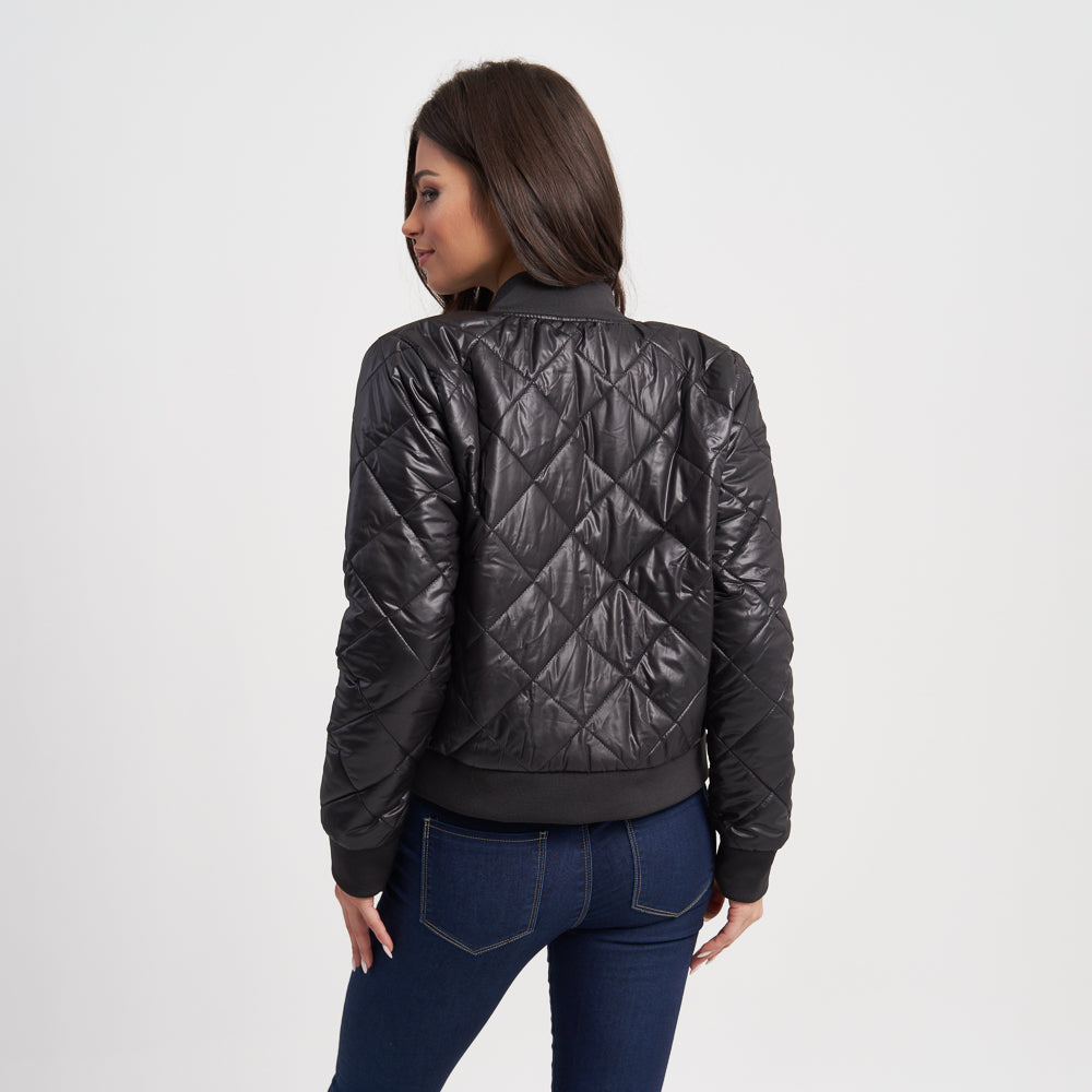 Hailys Women's Quilted Faux Leather Bomber Jacket with Ribbed Trim and Zip-Up Front