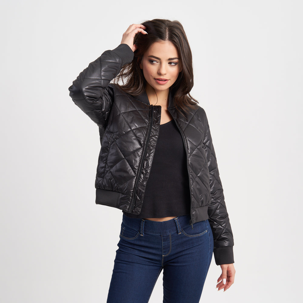 Hailys Women's Quilted Faux Leather Bomber Jacket with Ribbed Trim and Zip-Up Front