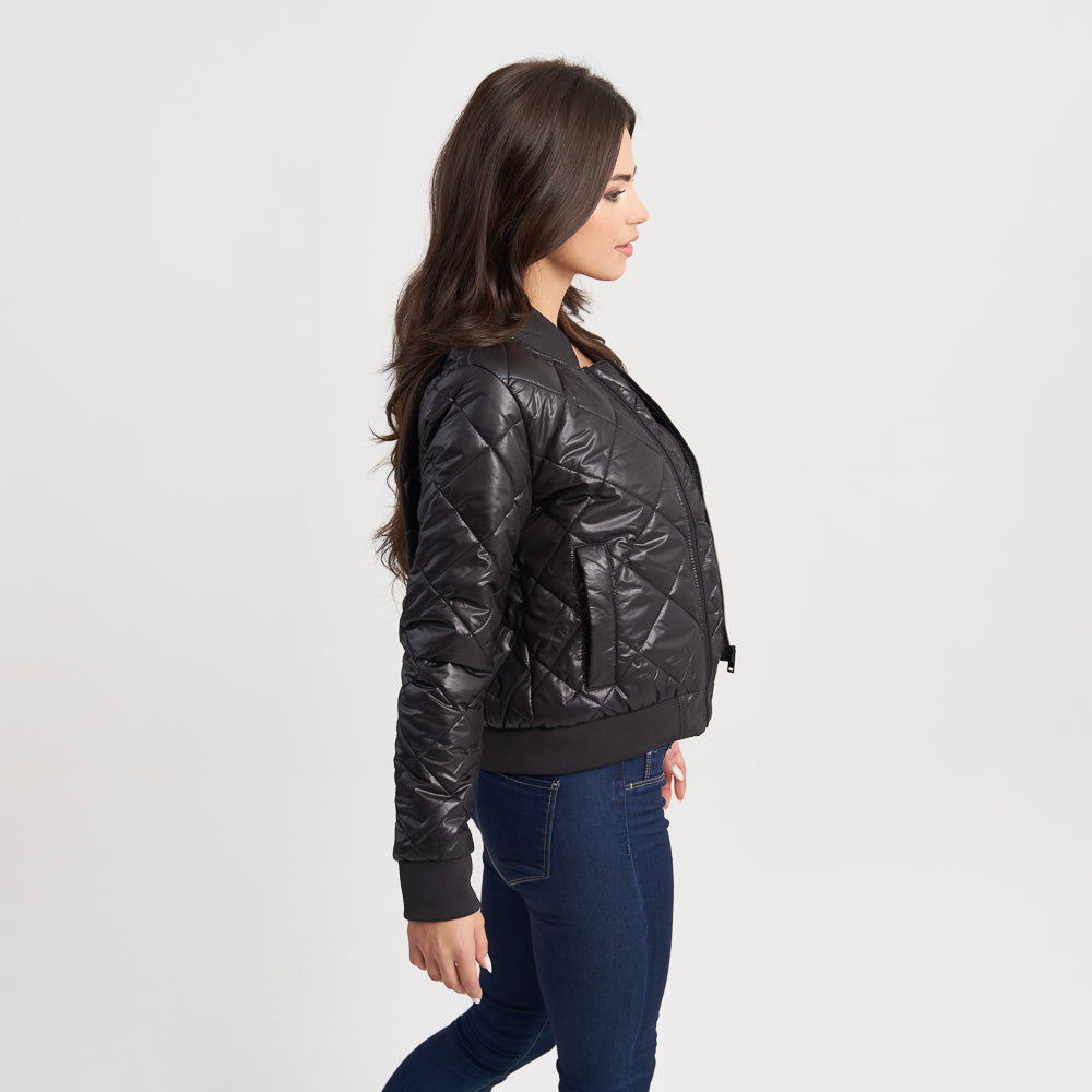 Hailys Women's Quilted Faux Leather Bomber Jacket with Ribbed Trim and Zip-Up Front