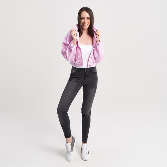 Hailys Women's Cropped Pink Denim Jacket with Button-Front Closure