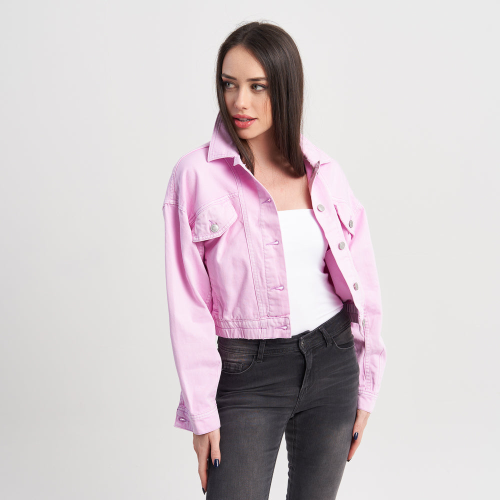 Hailys Women's Cropped Pink Denim Jacket with Button-Front Closure