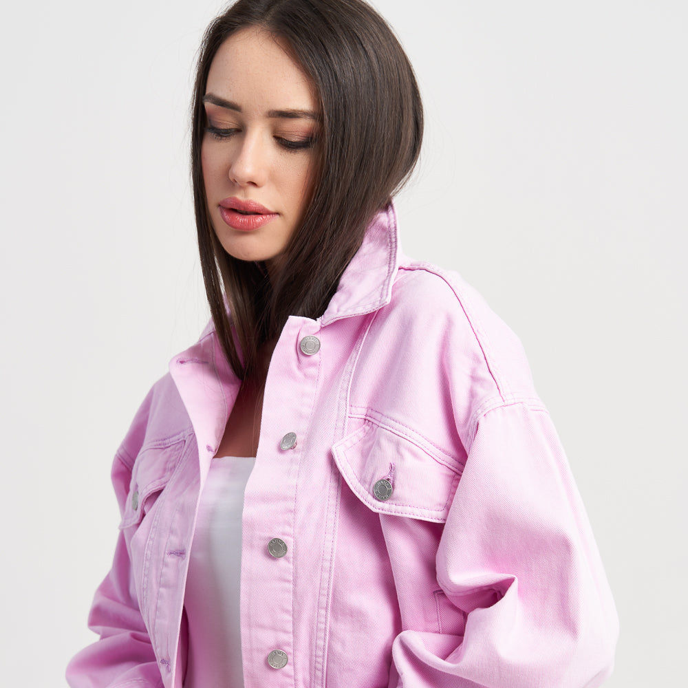 Hailys Women's Cropped Pink Denim Jacket with Button-Front Closure