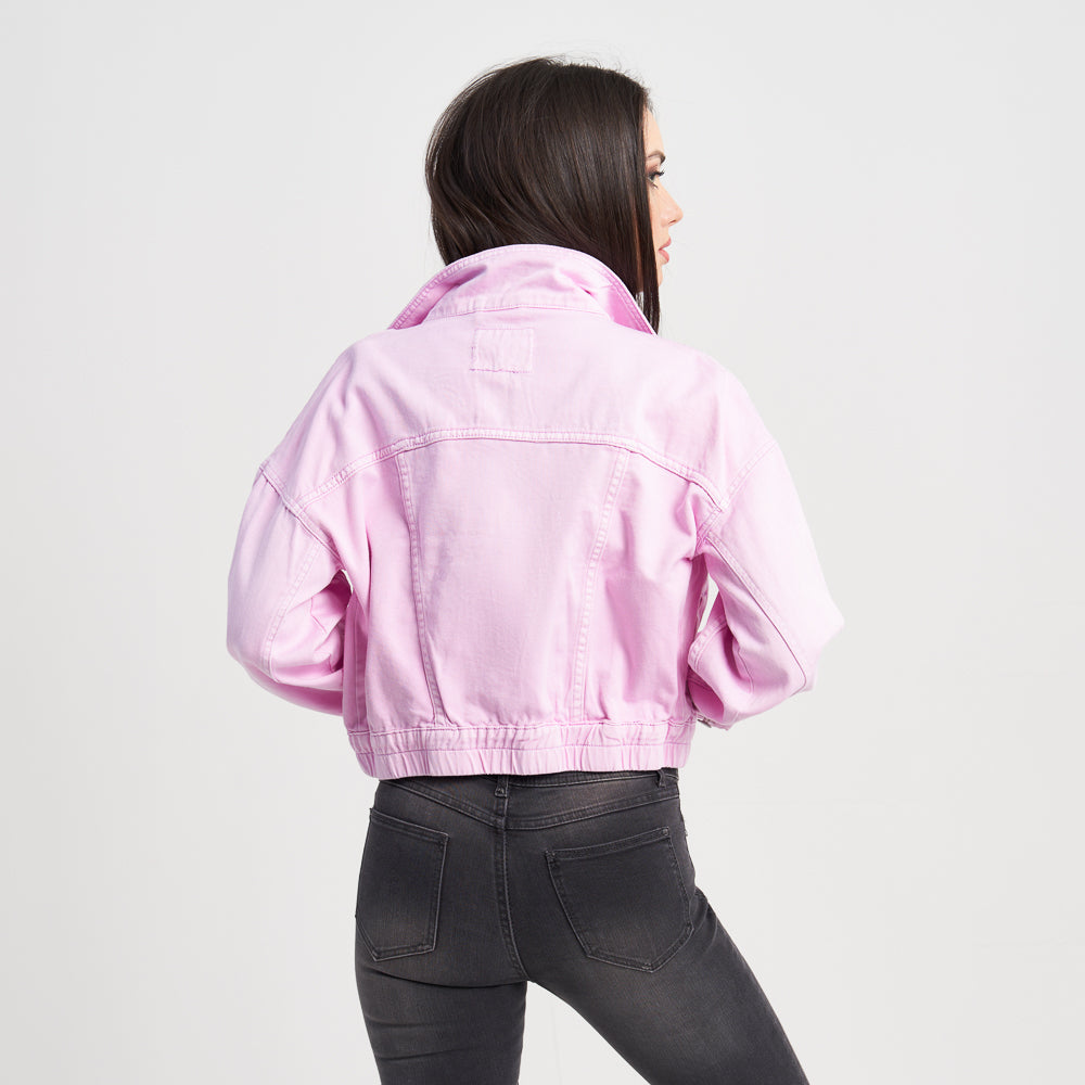 Hailys Women's Cropped Pink Denim Jacket with Button-Front Closure