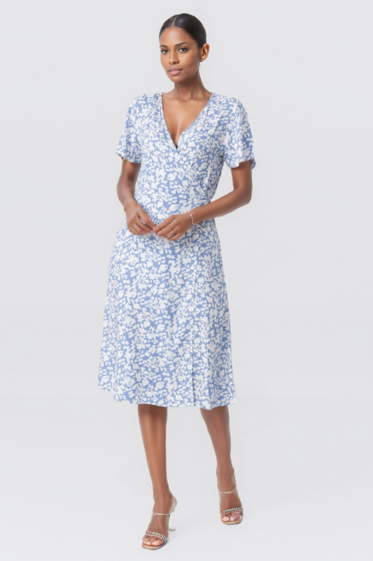 Zabaione Women’s V-Neck Short Sleeve A-Line Midi Dress - Blue and White Floral