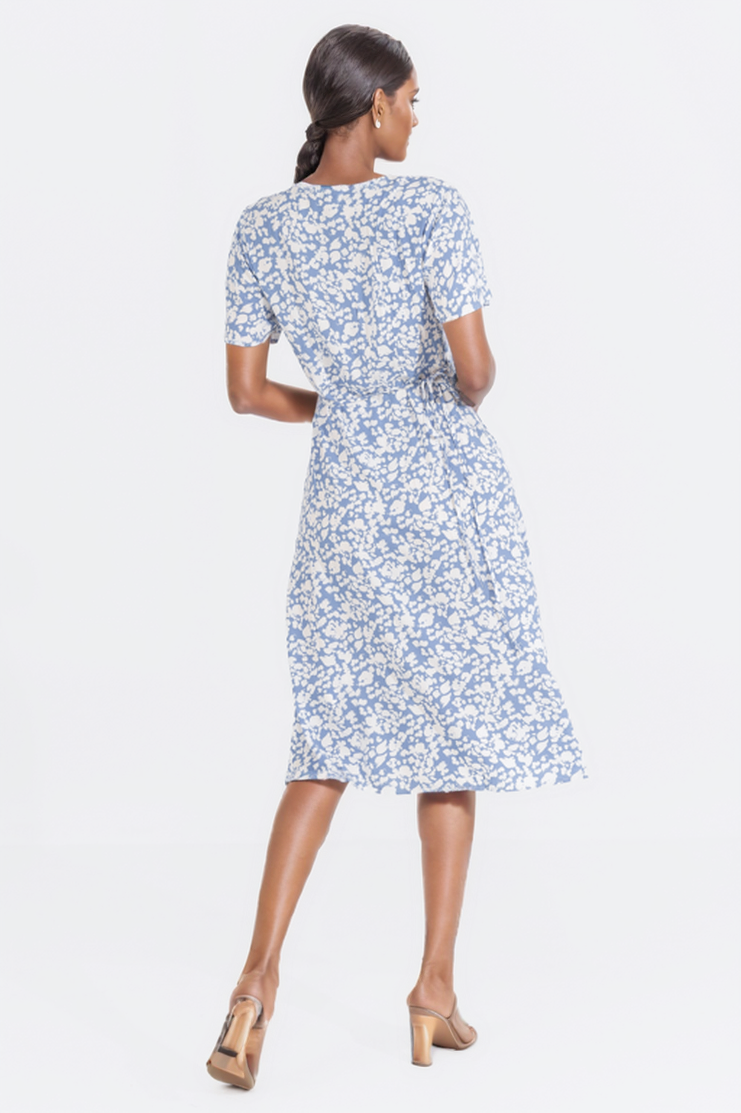 Zabaione Women’s V-Neck Short Sleeve A-Line Midi Dress - Blue and White Floral