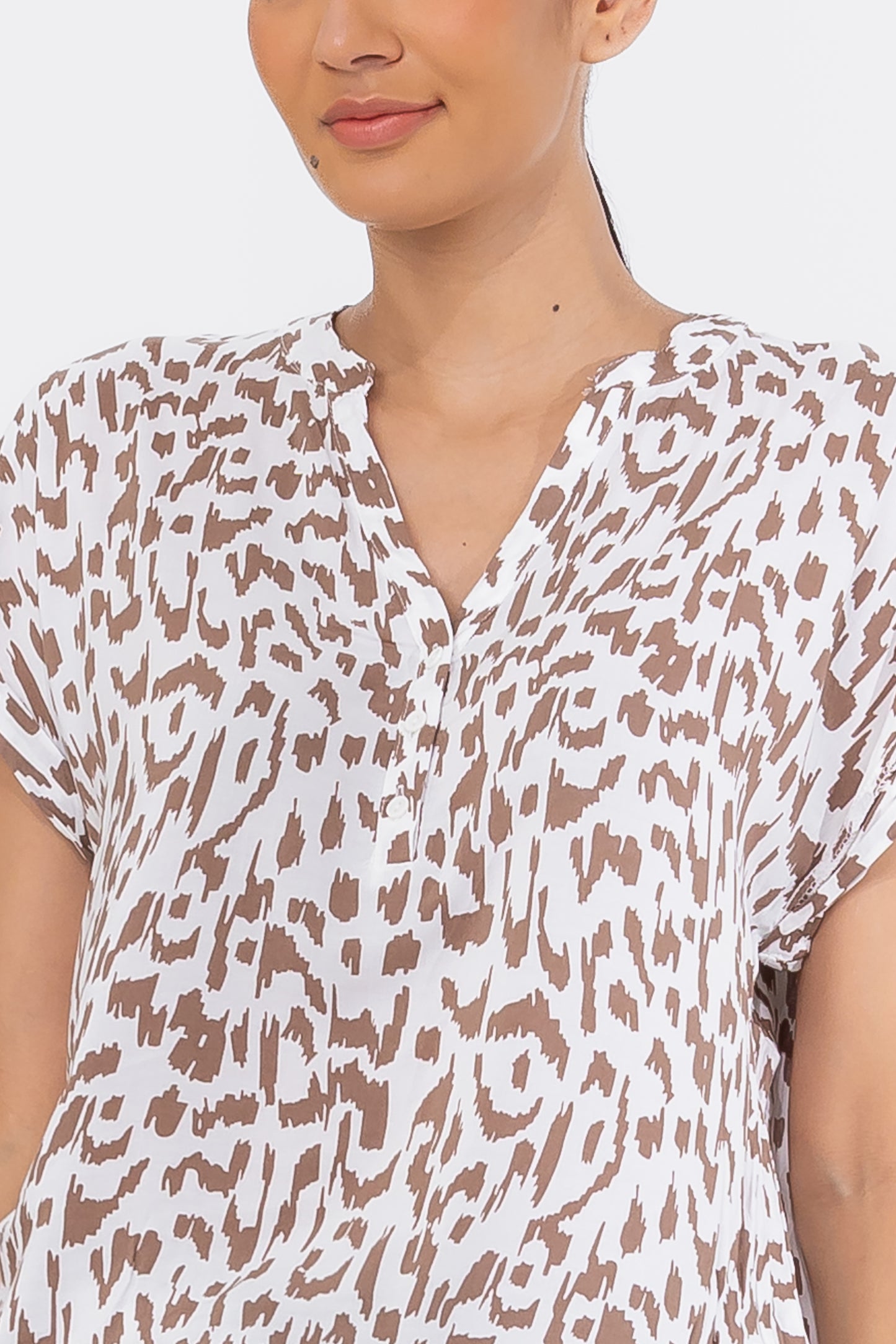 Zabaione Women’s White and Brown Animal Print V-Neck Blouse - Short Sleeve Button-Down Top