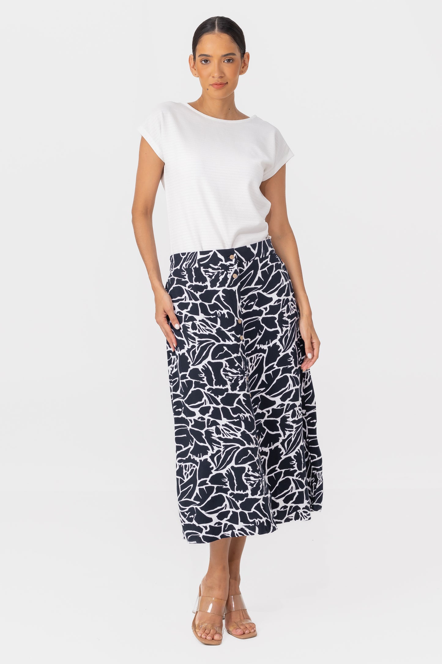 Zabaione Women’s Black and White Abstract Print Button-Down Midi Skirt - High-Waisted A-Line Skirt