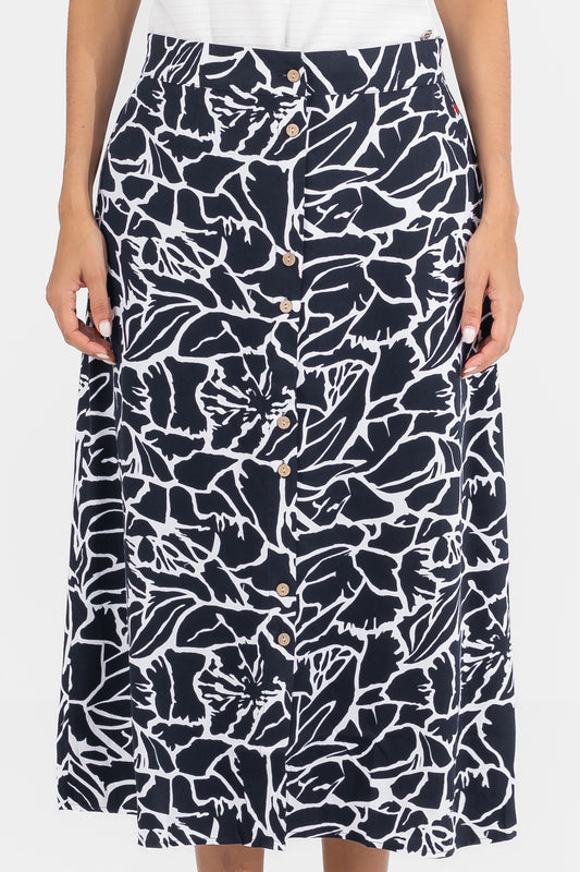 Zabaione Women’s Black and White Abstract Print Button-Down Midi Skirt - High-Waisted A-Line Skirt