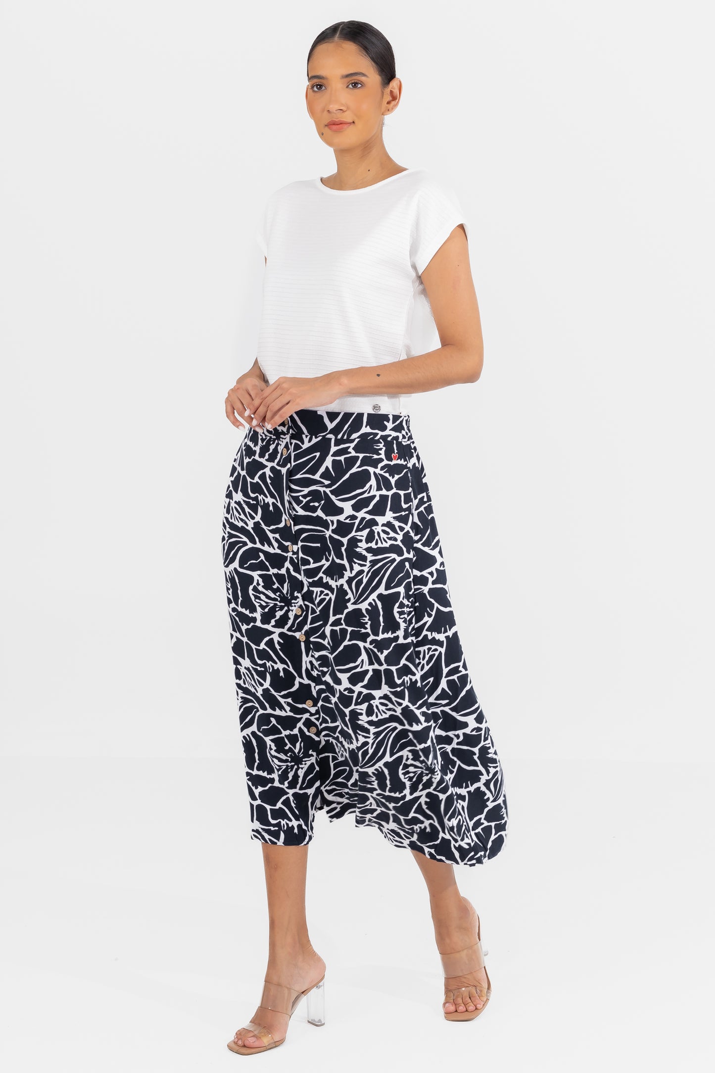 Zabaione Women’s Black and White Abstract Print Button-Down Midi Skirt - High-Waisted A-Line Skirt