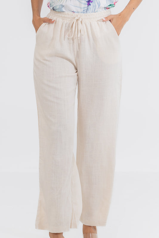 Zabaione Women’s High-Waisted Wide Leg Linen Drawstring Pants - Cream