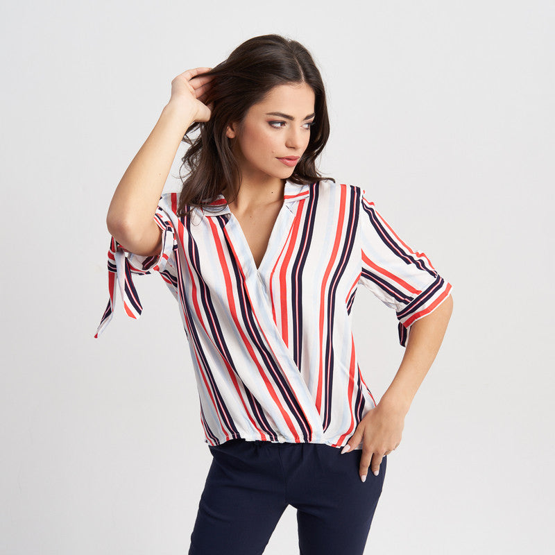 Hailys Women's 3/4 Sleeve V-Neck Striped Blouse - Casual Loose Fit Wrap Top