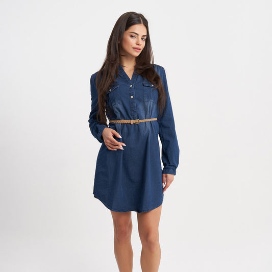 Hailys Women’s Long Sleeve Denim Shirt Dress with Belt - Dark Blue