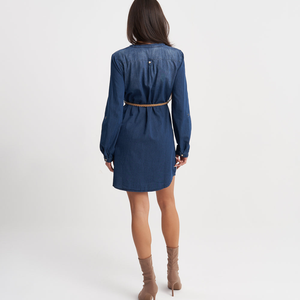 Hailys Women’s Long Sleeve Denim Shirt Dress with Belt - Dark Blue