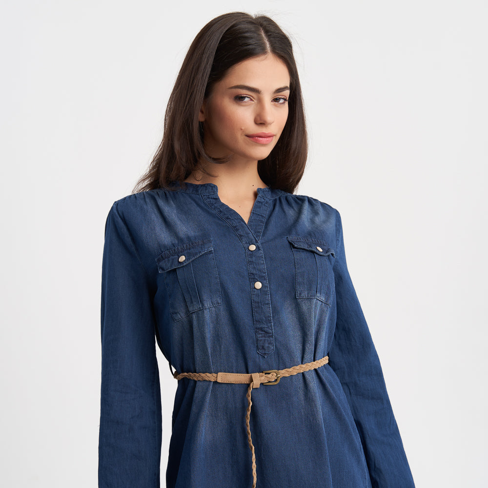 Hailys Women’s Long Sleeve Denim Shirt Dress with Belt - Dark Blue