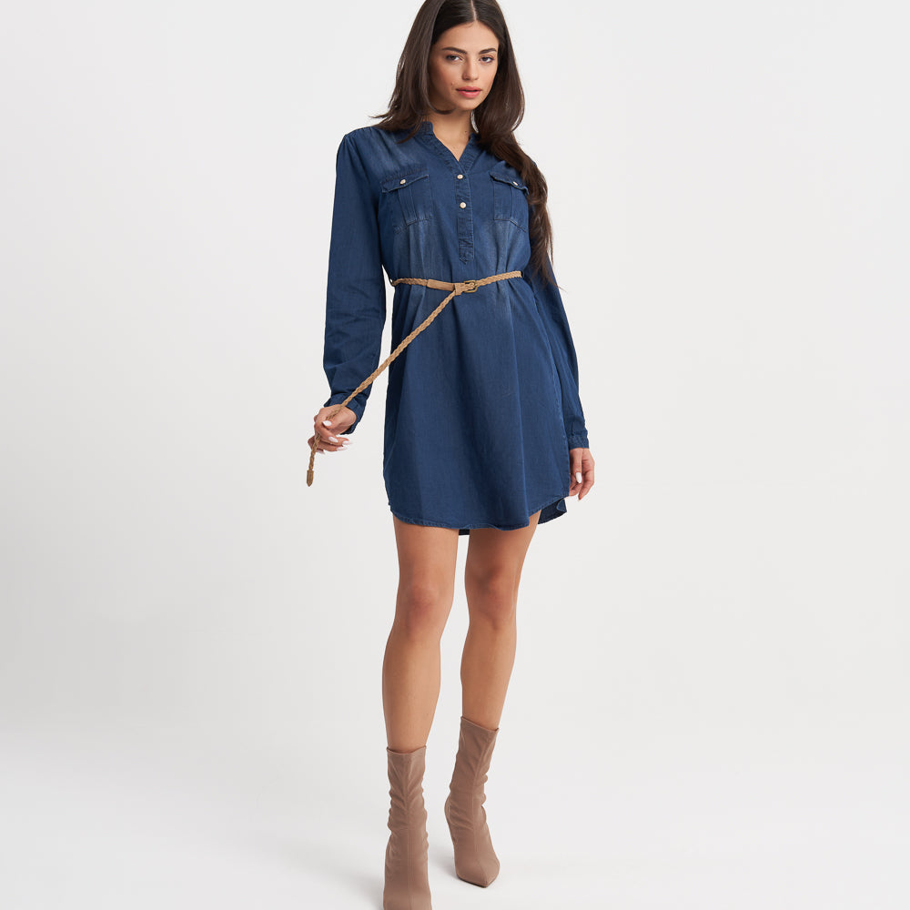 Hailys Women’s Long Sleeve Denim Shirt Dress with Belt - Dark Blue