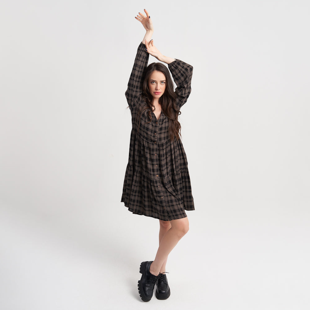 Hailys Women's Long Sleeve Plaid V-Neck Button-Front Dress