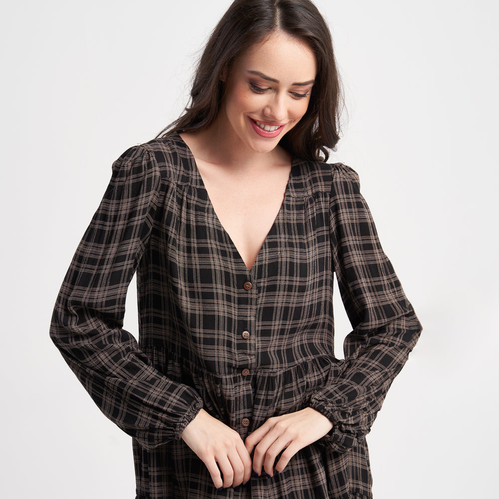 Hailys Women's Long Sleeve Plaid V-Neck Button-Front Dress