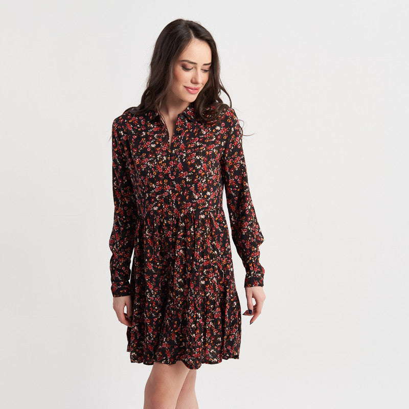 Hailys Women's Long Sleeve Floral Print Collared Dress