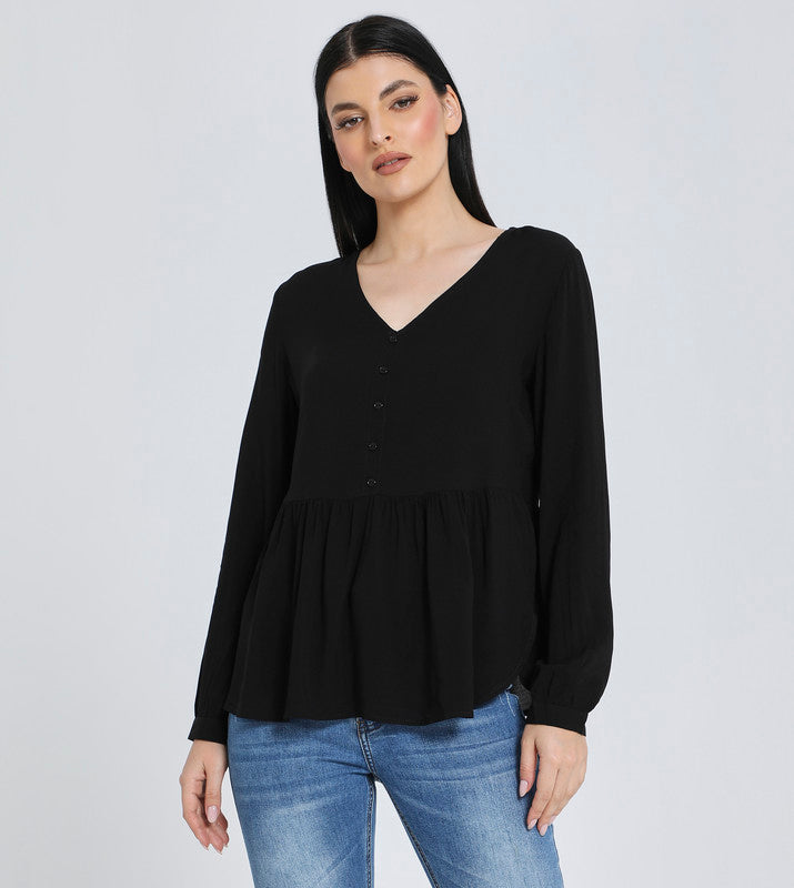 Hailys Women’s Long Sleeve V-Neck Peplum Blouse - Classic Black