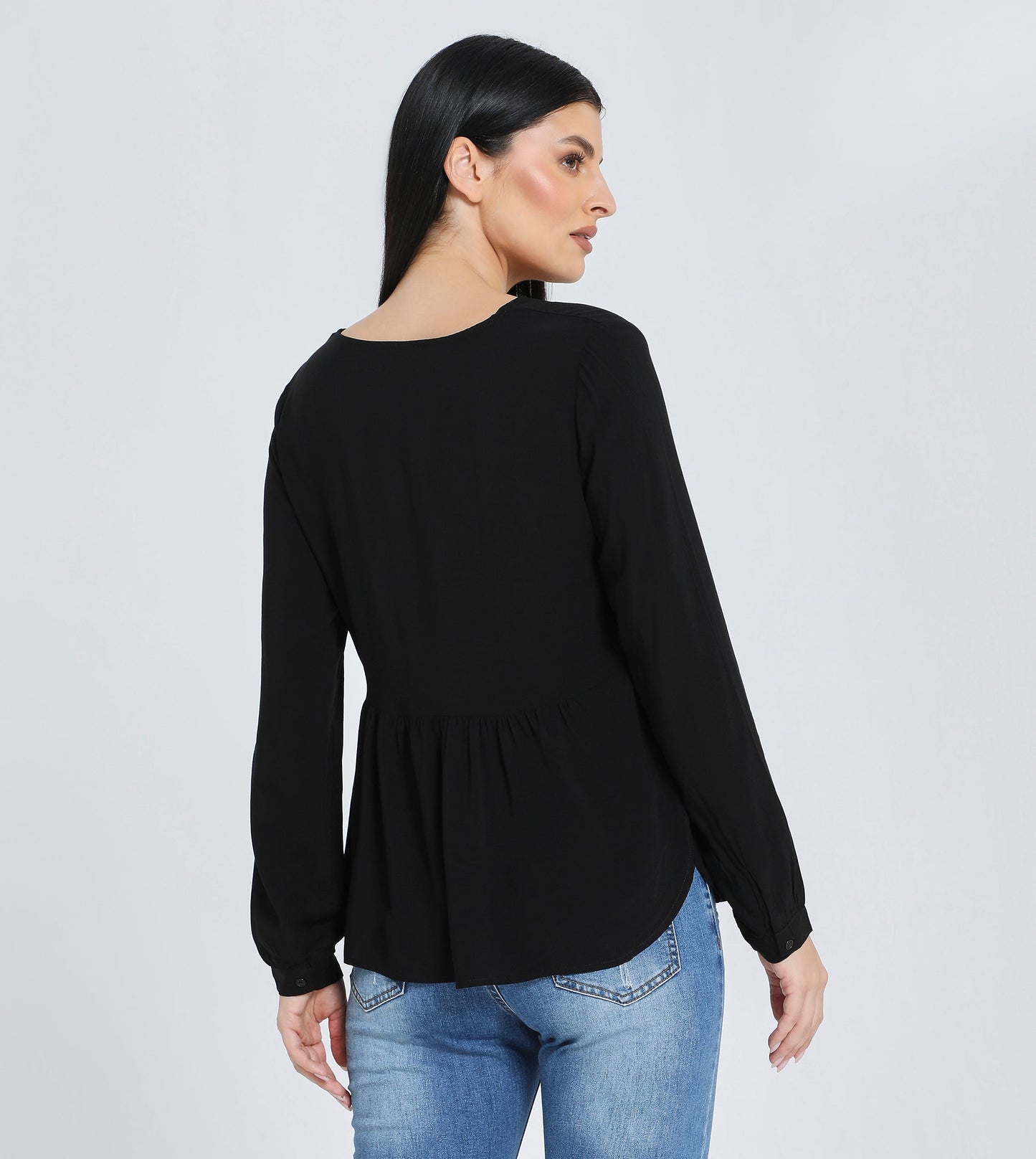 Hailys Women’s Long Sleeve V-Neck Peplum Blouse - Classic Black