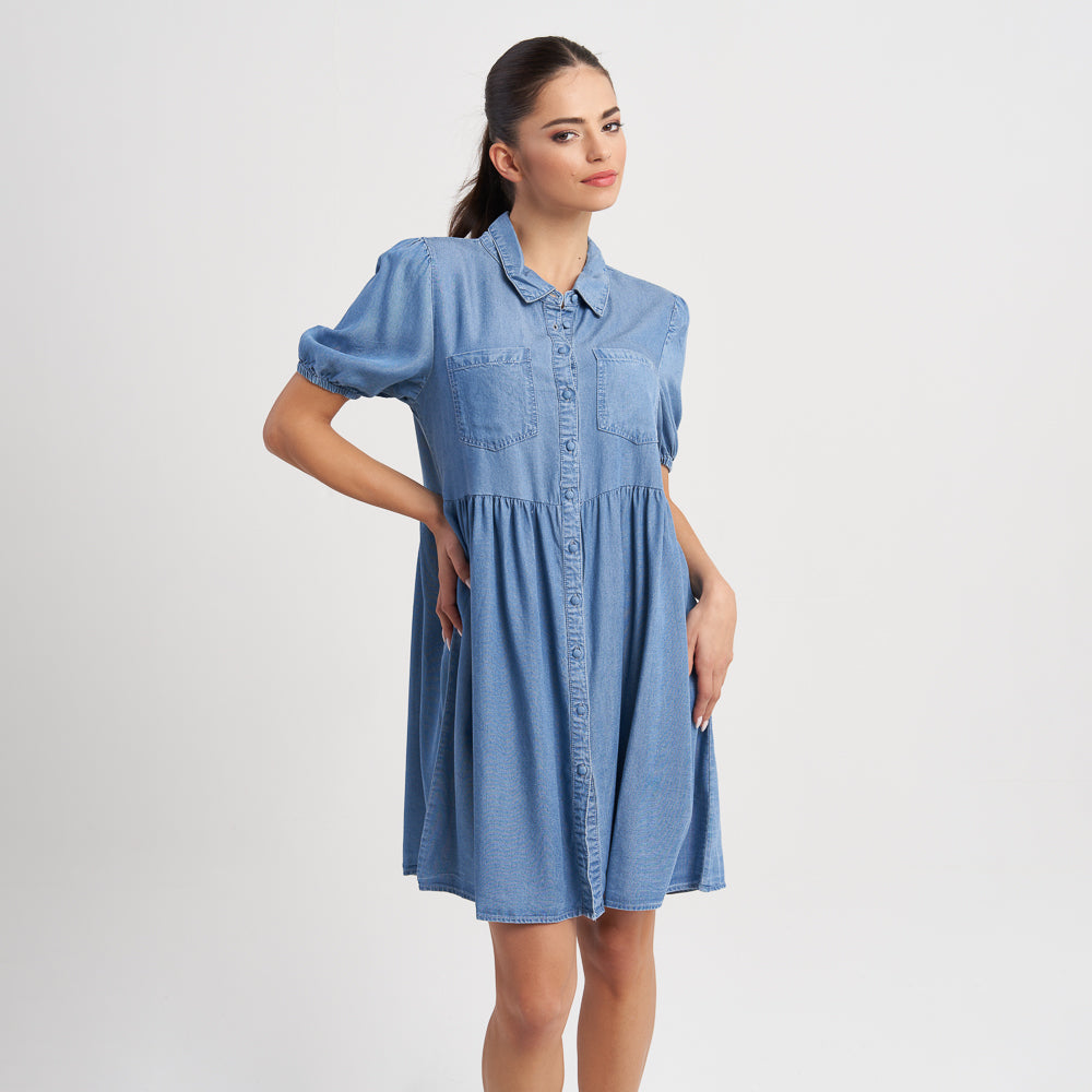 Hailys Women's Short Sleeve Button-Down Denim Dress with Pockets