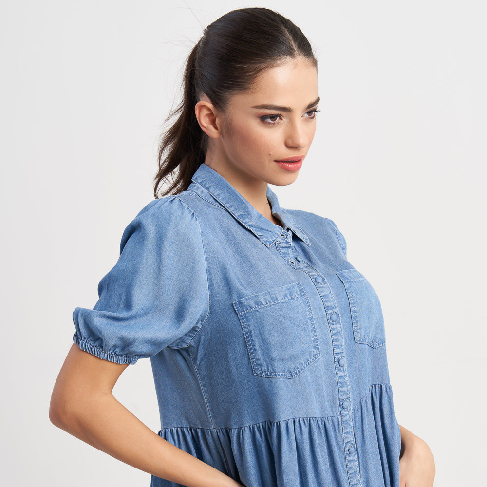 Hailys Women's Short Sleeve Button-Down Denim Dress with Pockets