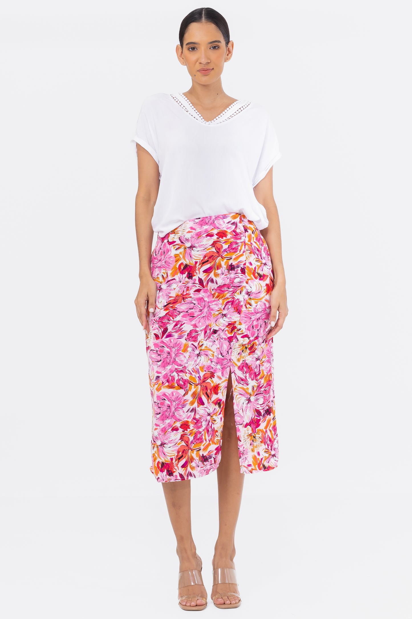 Hailys Women’s Floral Print High-Waisted Midi Skirt with Side Slit - Colorful Summer Skirt