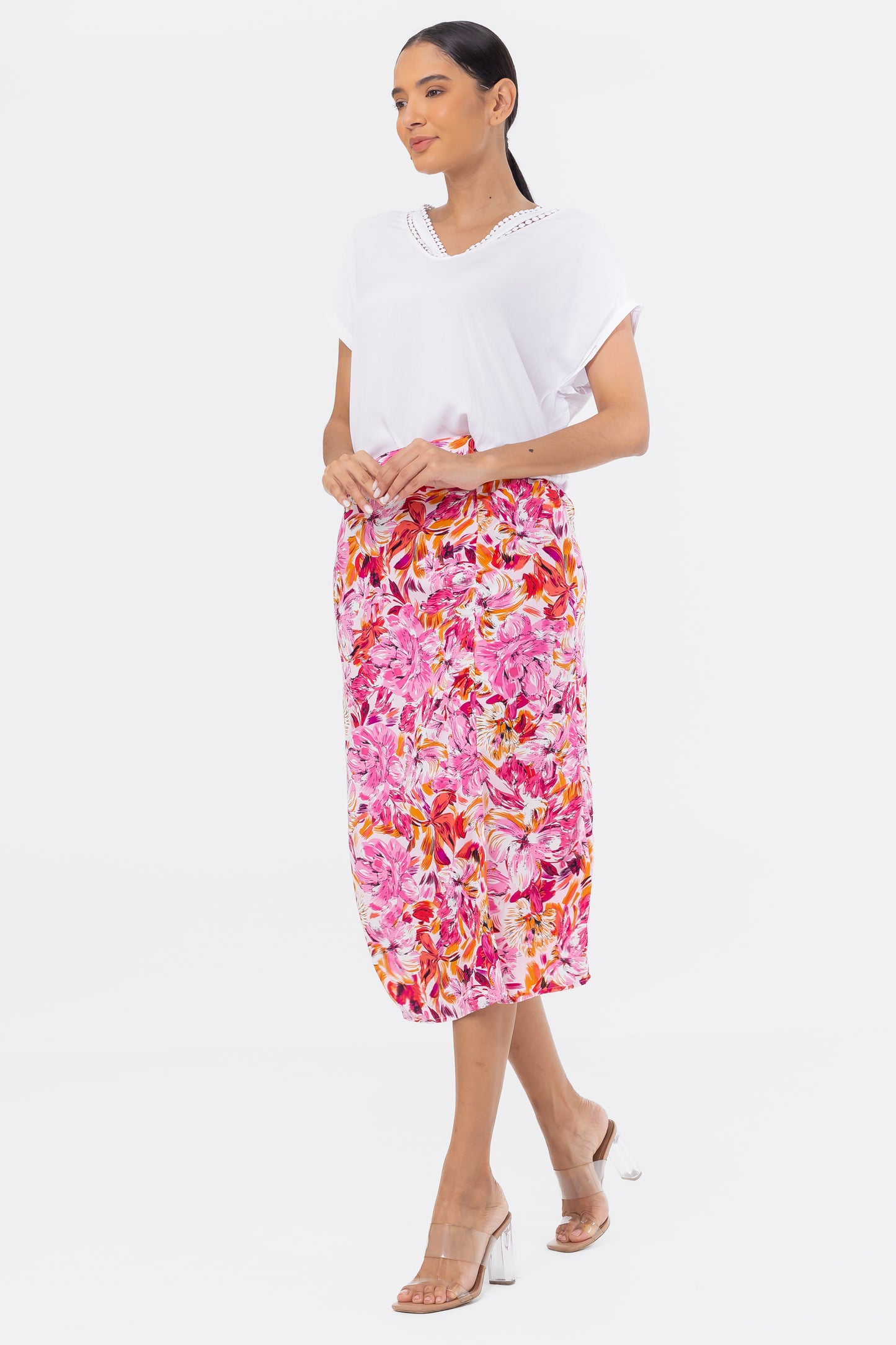 Hailys Women’s Floral Print High-Waisted Midi Skirt with Side Slit - Colorful Summer Skirt