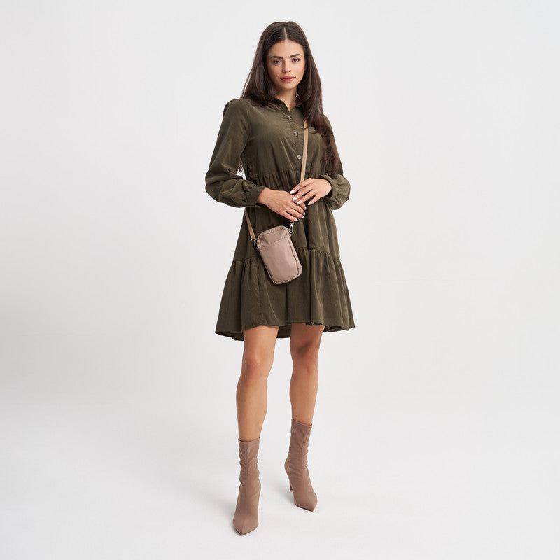 Hailys Women's Long Sleeve Tiered Olive Green Shirt Dress