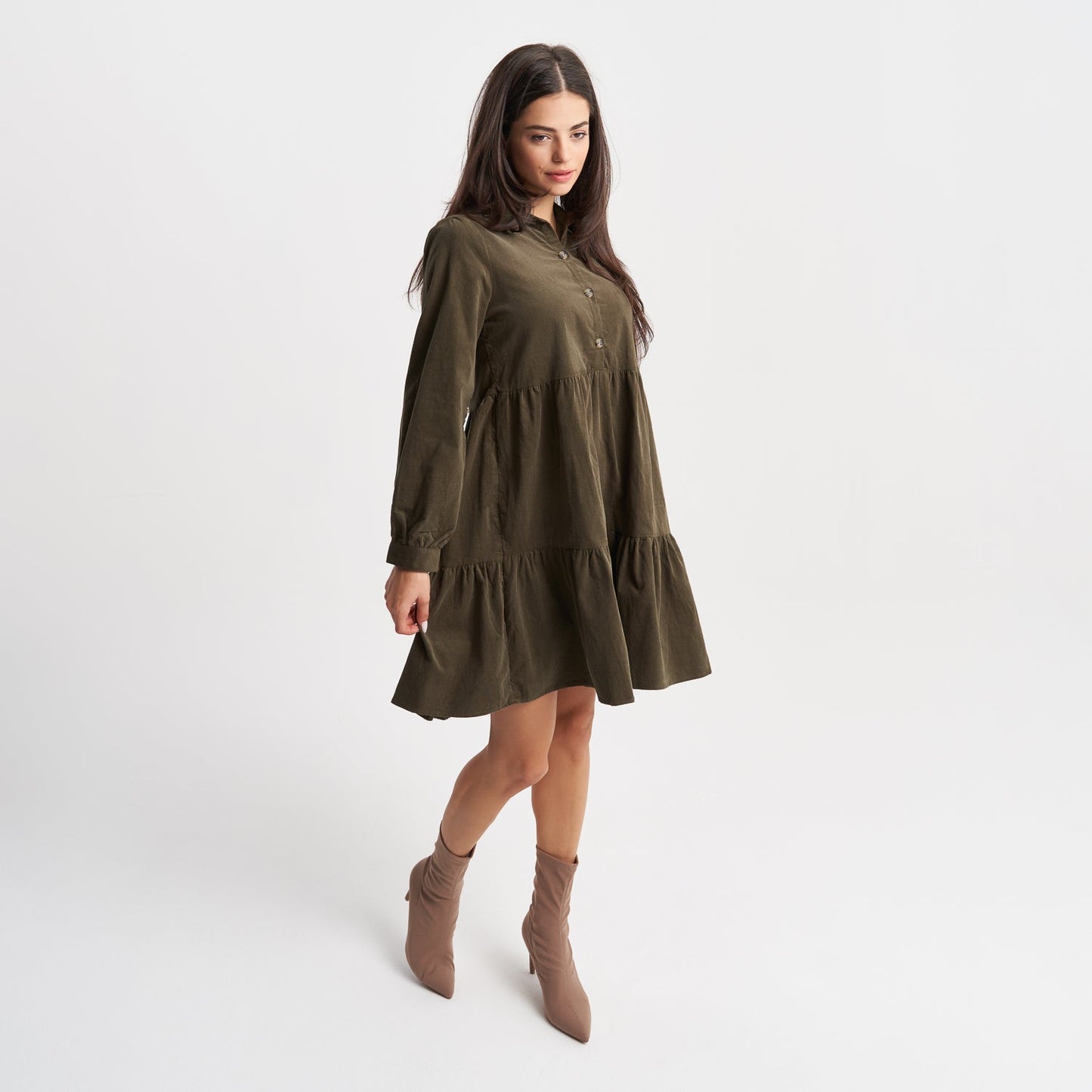 Hailys Women's Long Sleeve Tiered Olive Green Shirt Dress